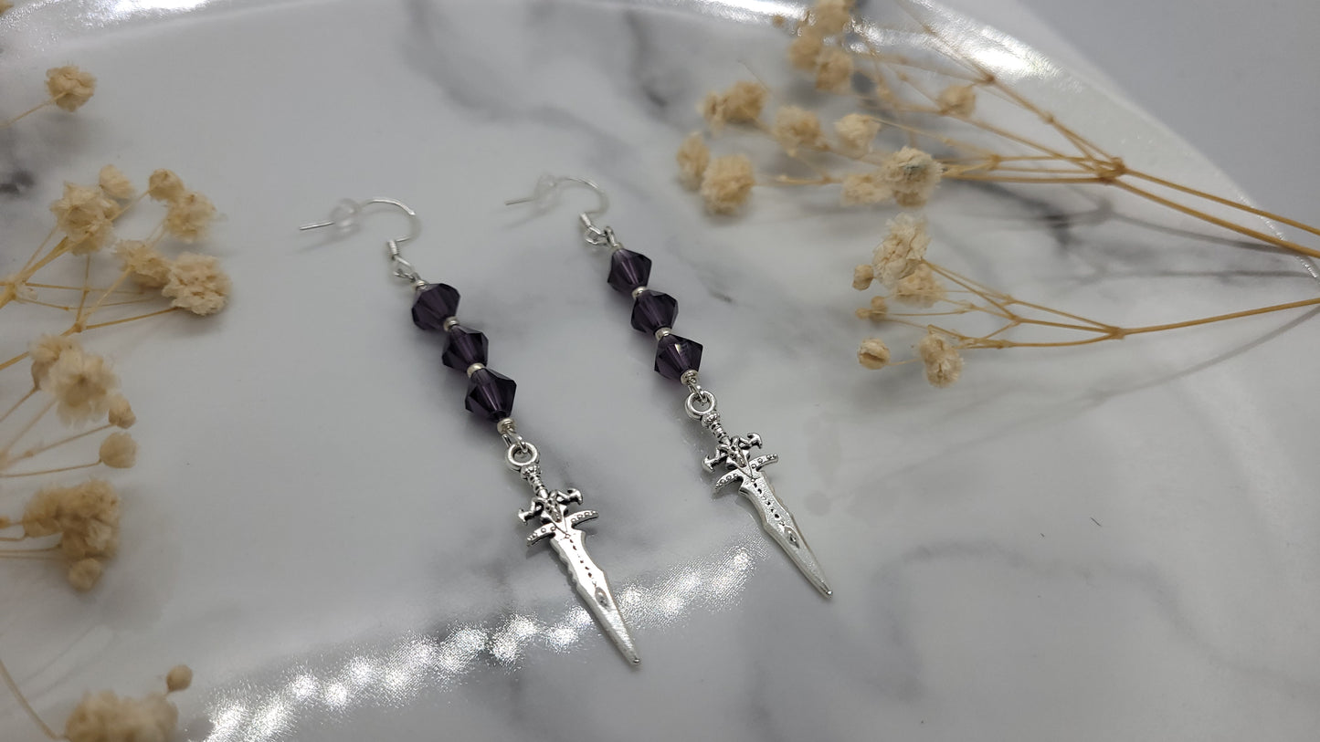 Silver Dagger Earrings with Purple Beads