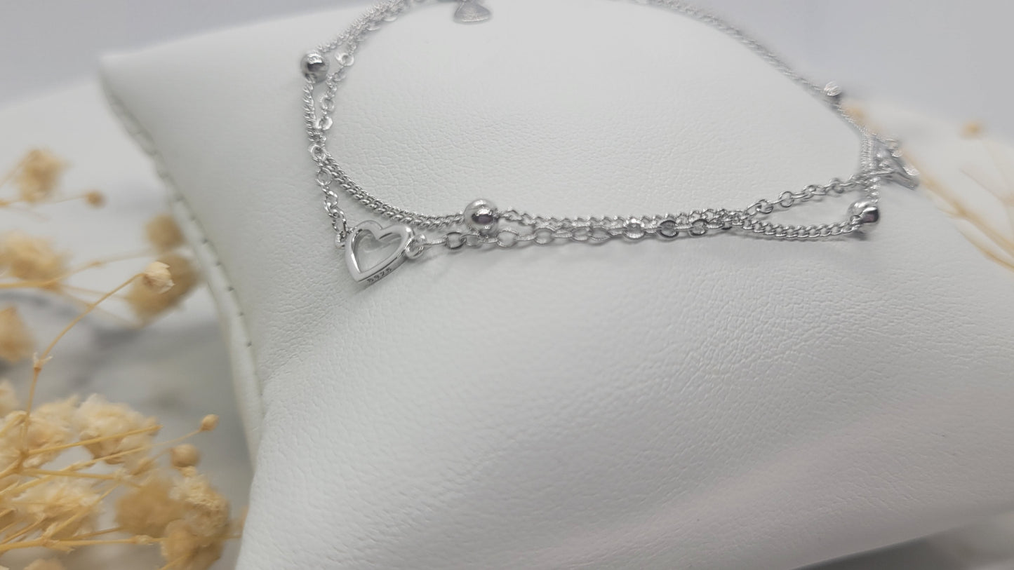 Silver Heart and Bead duo Bracelet