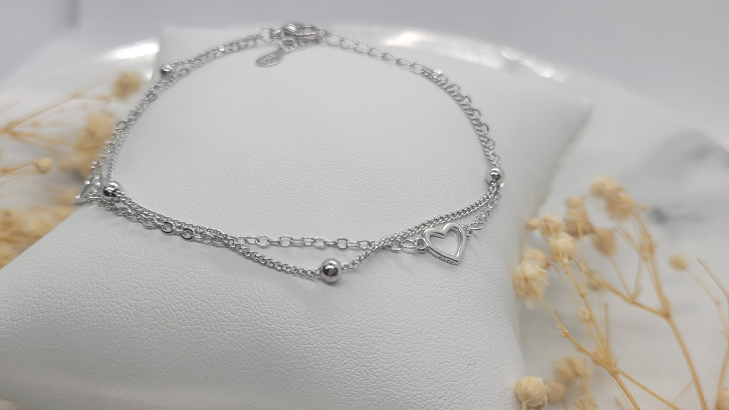 Silver Heart and Bead duo Bracelet