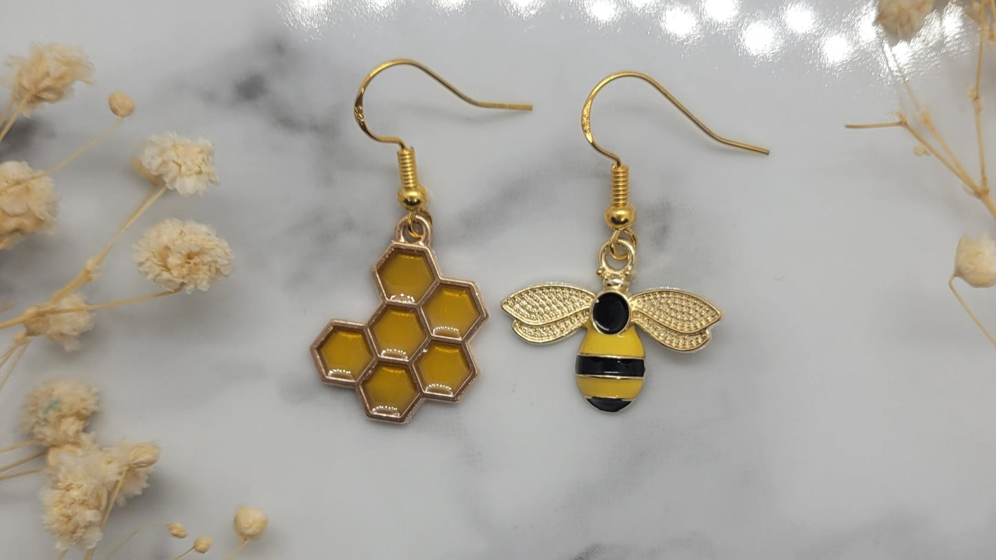 Gold Bee & Honeycomb Dandle Earrings