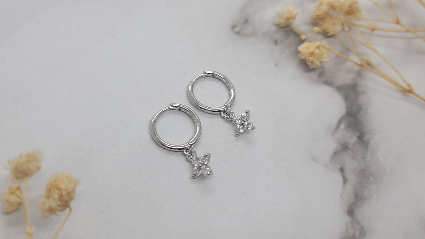 Silver Flower Hoop Dangle Earrings
