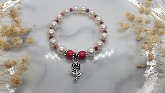 Red and Pearl Beaded Bracelet With A Silver Rose Charm