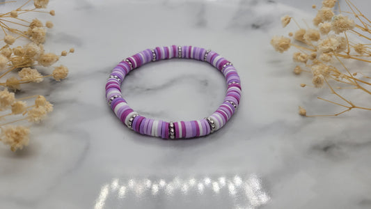 Purple & White Clay Beaded Bracelet with Silver Detail