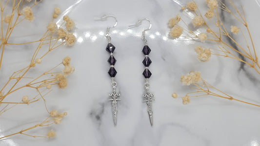 Silver Dagger Earrings with Purple Beads