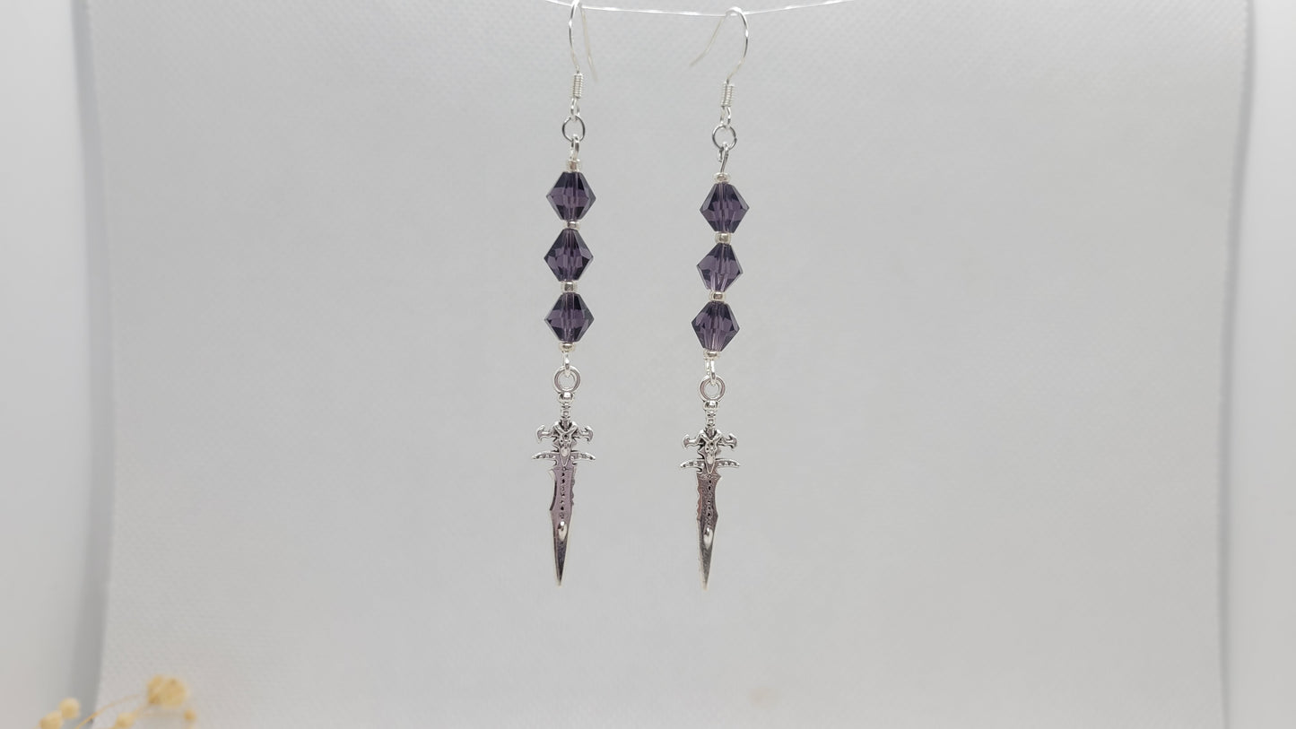 Silver Dagger Earrings with Purple Beads