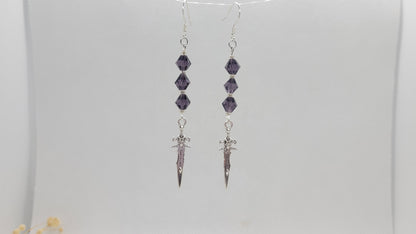 Silver Dagger Earrings with Purple Beads