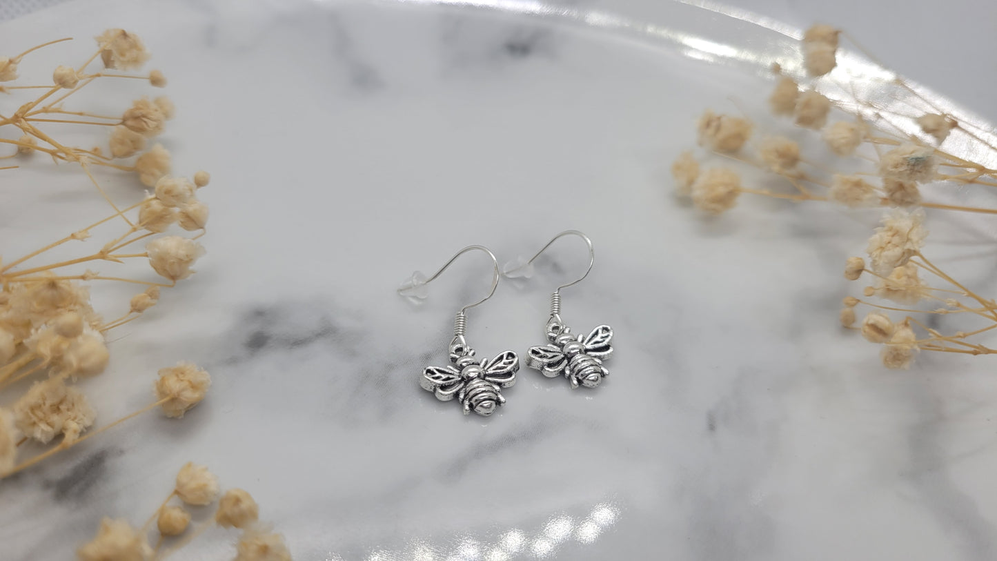 Silver Bee Dangling Earrings