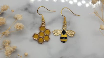 Gold Bee & Honeycomb Dandle Earrings
