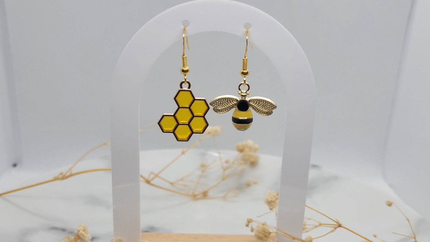 Gold Bee & Honeycomb Dandle Earrings