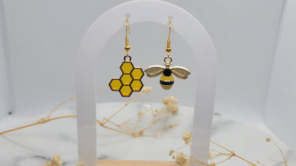 Gold Bee & Honeycomb Dandle Earrings